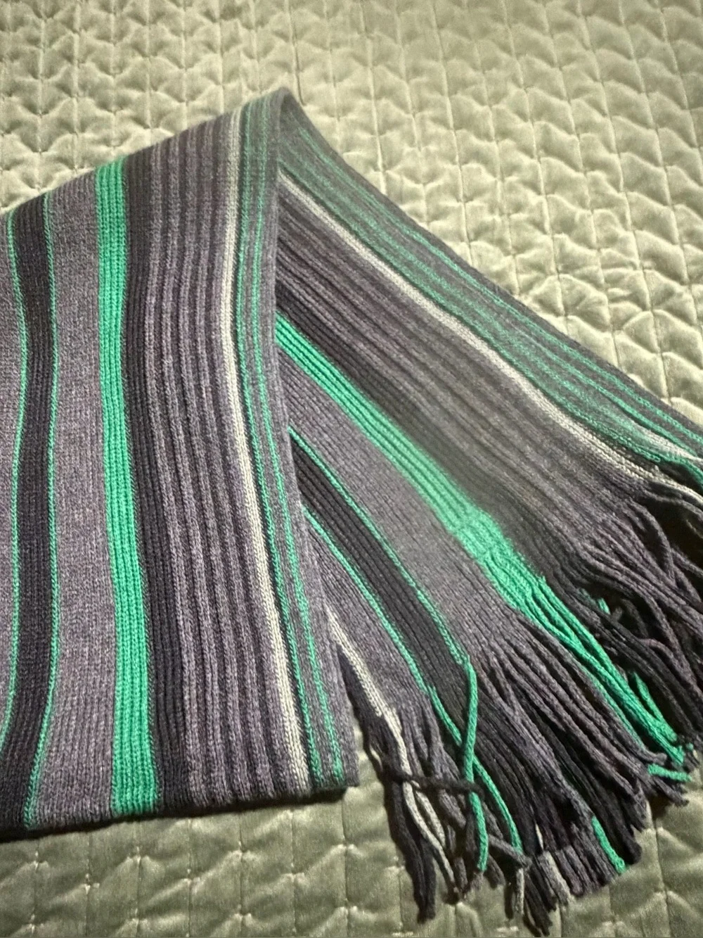 The Aran Trading Company green black striped wool fringed scarf